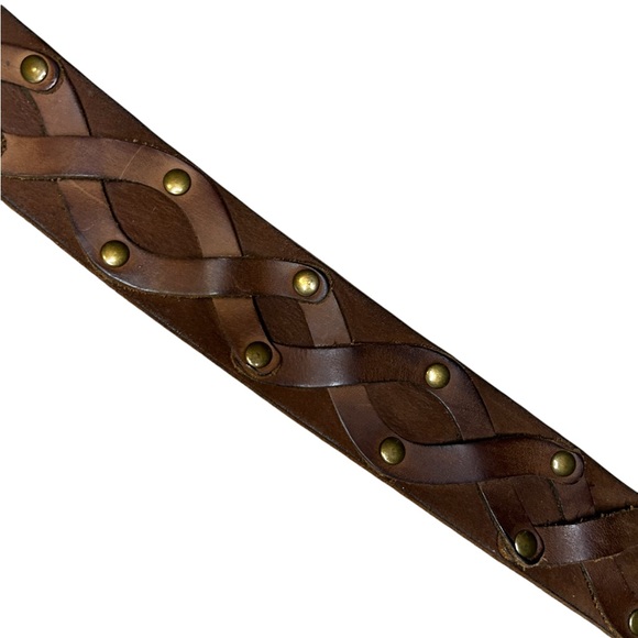 Brown Leather Belt Braided Design Gold Buckle Medium - Picture 9 of 10